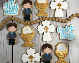 Boy First Communion Cookies, Confirmation Cookies, Baptism Cookies, Decorated Sugar Cookies, Cookie Favors, Cookie Gift -Quantity 12 (Set 5)