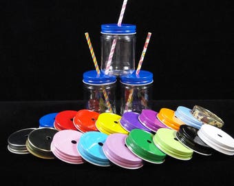 TWENTY Plastic Mason Jars and Lids, Kids Party Cups, Straw Cut Lids, Weddings, Favors, Farm Party, Zoo Party, New Baby  - 12 oz jars