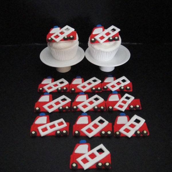 Fondant Firetruck Toppers, Edible Firetrucks, Edible Cupcake Topper, Cupcake Topper, Fireman Party, Fire Fighter Party, Kids Parties- Qty 12