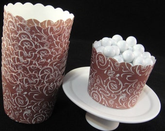 Brown Scrolls  Baking Cups, Candy Cups, Dip Cups, Nut Cups, Weddings, Party Cups, Candy Buffets, Wedding Cupcakes, Favor Cups, QTY 12