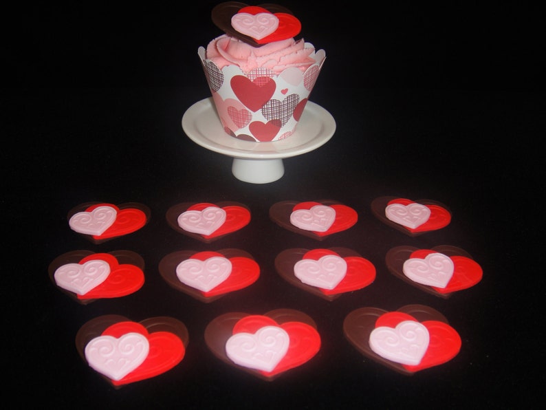 Chocolate Valentines Hearts Edible Fondant Cupcake Toppers, Valentines Cupcakes, Edible Valentines, Fondant Hearts, Valentines Cake QTY 12 image 1