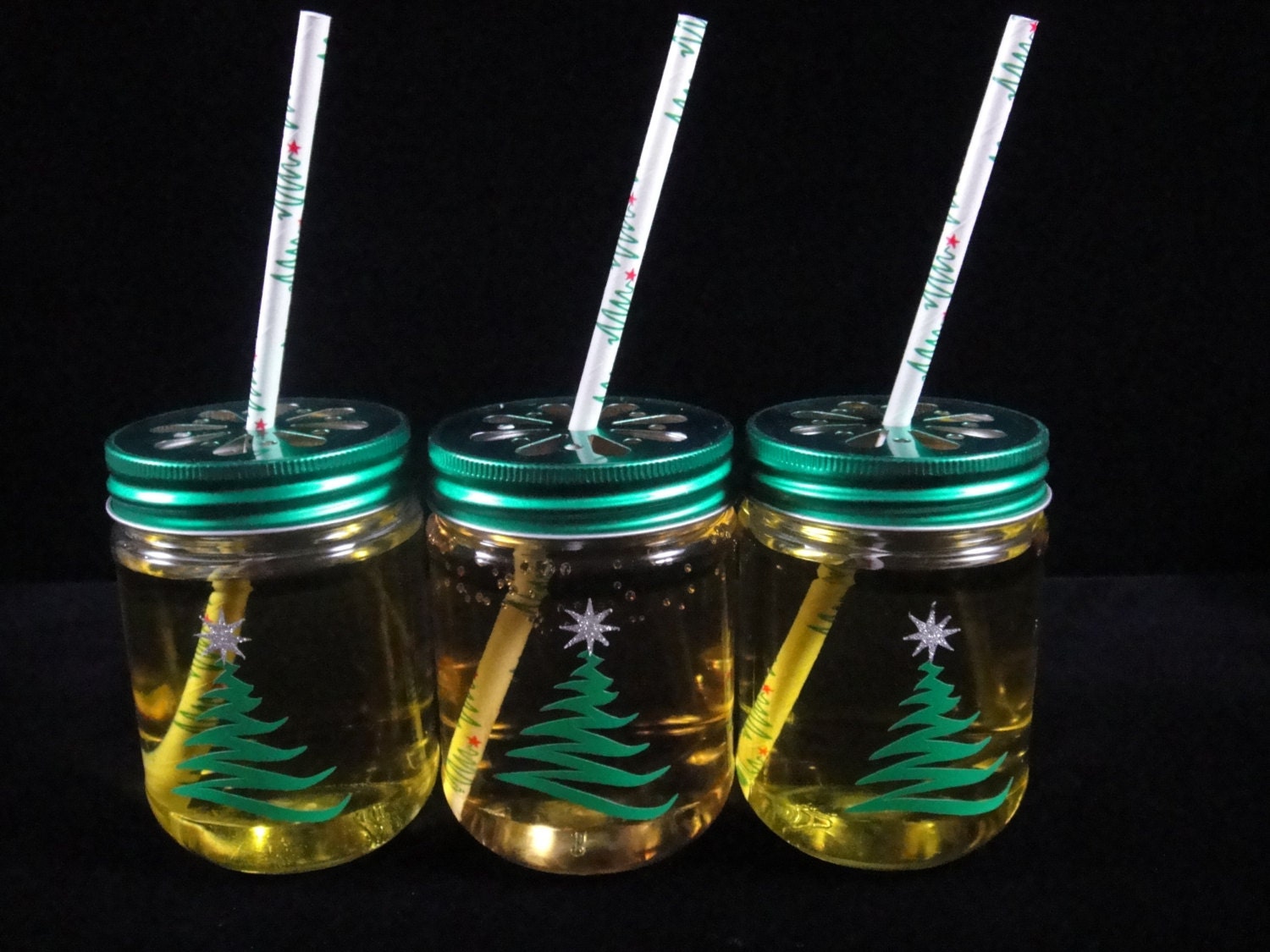 SIX Christmas Plastic Mason Jars With Straws Metallic Daisy 