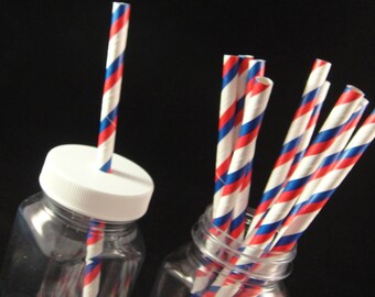 Red and Dark Blue Striped Gender Reveal Paper Straw, Mason Jar Straws, Baby Showers, Patriotic Straws, Retro Paper Straws - QTY 12