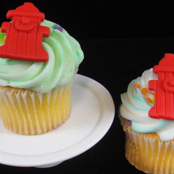 Edible Cute Little Fire Hydrants, Fondant Cupcake Toppers, Fireman Party, Kids Party, Fireman Themed Cupcakes - Quantity 12