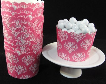 Pink Damask Baking Cups, Candy Cups, Dip Cups, Nut Cups, Weddings, Party Cups, Candy Buffets, Wedding Cupcakes, Favor Cups, QTY 12