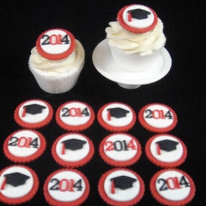 Graduation Hats and Dates Scarlet Red and Black Edible Fondant Cupcake Toppers image 1