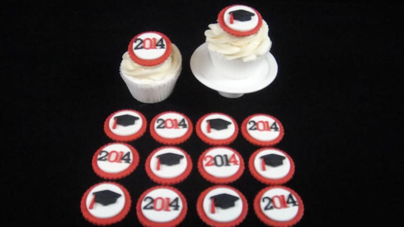 Graduation Hats and Dates Scarlet Red and Black Edible Fondant Cupcake Toppers image 1