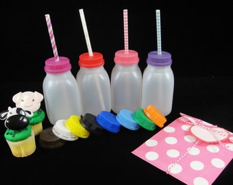 SIX Plastic Milk Jugs/Bottles with Colored Lids, Kids Parties. Farm Party, Kids Drink Jar, Plastic Drink Jars, Kids Milk Bottle, Party Favor