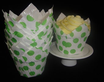 Green Polka Dot Grease Proof Tulip Baking/Candy Cups, Candy Cups, Muffin Papers - Qty 12