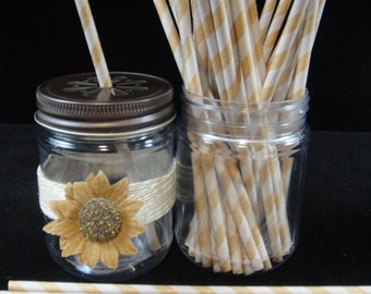 Kraft Paper and White Striped Paper Straws, Mason Jar Straws, Weddings, Birthday Party, Baby Showers, Retro Paper Straws - QTY 12