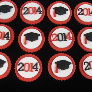 Graduation Hats and Dates Scarlet Red and Black Edible Fondant Cupcake Toppers image 2