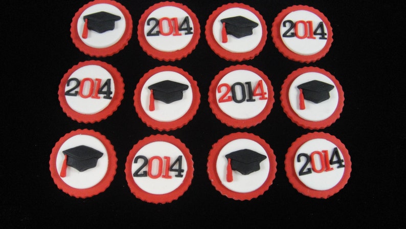 Graduation Hats and Dates Scarlet Red and Black Edible Fondant Cupcake Toppers image 2