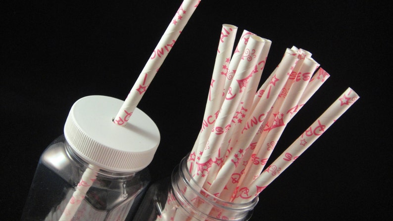 Princess Print Paper Straw, Mason Jar Straws, Weddings, Birthday Party, Baby Showers, Retro Paper Straws QTY 12 image 1