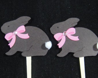 Chocolate Bunny with Pink Bow Cupcake Toppers