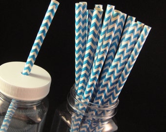 Medium Blue Chevron  Paper Straw, Mason Jar Straws, Weddings, Birthday Party, Baby Showers, Retro Paper Straws - QTY 12