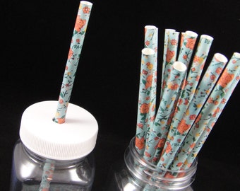 Blue with Roses  Paper Straws, Mason Jar Straws, Weddings, Birthday Party, Baby Showers, Retro Paper Straws - QTY 12