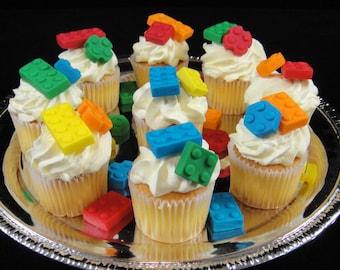 Edible Building Blocks - Fondant Cupcake Toppers - For Mini Cupcakes - Quantity 32 pieces