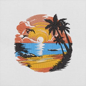 Tropical Sunset Embroidery Design, Palm Trees and Ocean Beach with Birds File for Machine Embroidery, Instant Download, PES DST File