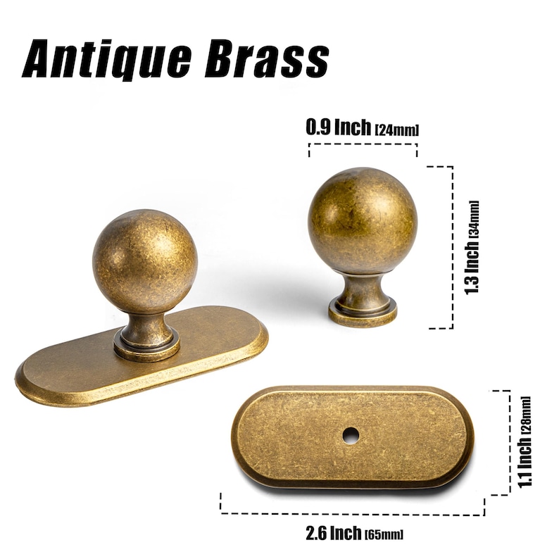 May include: Antique brass cabinet hardware set. Includes a round knob, a knob with an oval backplate, and an oval backplate. The round knob is 0.9 inches (24mm) in diameter and 1.3 inches (34mm) tall. The oval backplate is 2.6 inches (65mm) long and 1.1 inches (28mm) wide.