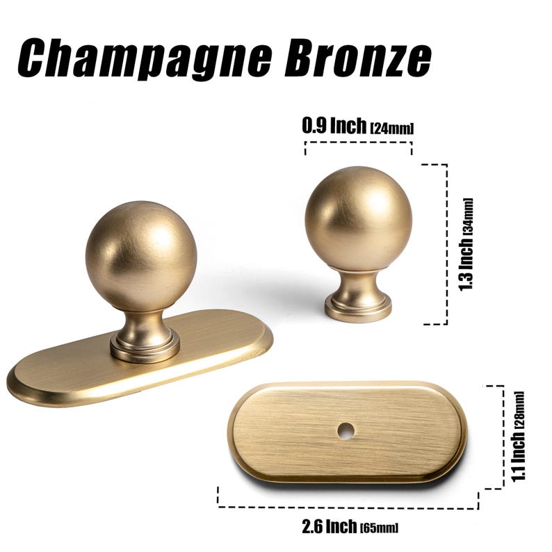 May include: Champagne Bronze cabinet hardware set. Includes a knob, a pull with a knob, and a rectangular backplate. The knob is 0.9 inches (24mm) in diameter, and the pull is 2.6 inches (65mm) long. The text "Champagne Bronze" is at the top.