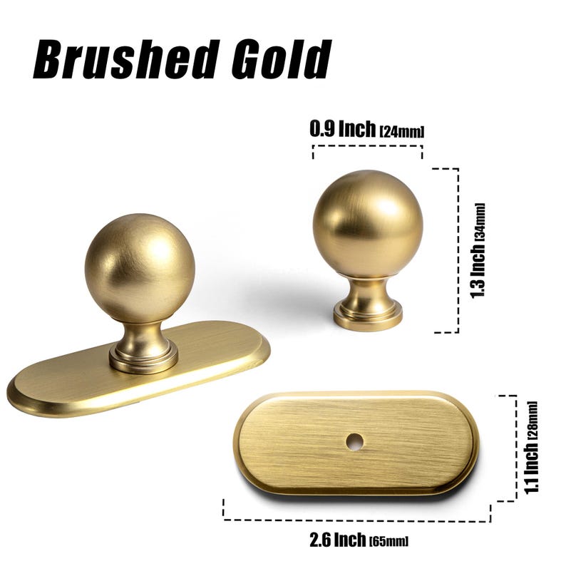 May include: Brushed gold cabinet hardware set. Includes a knob, a pull with an oval backplate, and a separate oval backplate. The knob is 0.9 inches (24mm) in diameter and 1.3 inches (34mm) tall. The pull is 2.6 inches (65mm) long.