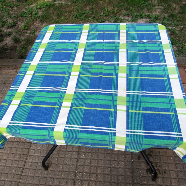 Plaid Print Barkcloth Tablecloth, Gift for Grandma Vintage 70s Bark Cloth, Print Tablecloth, 46 x 41