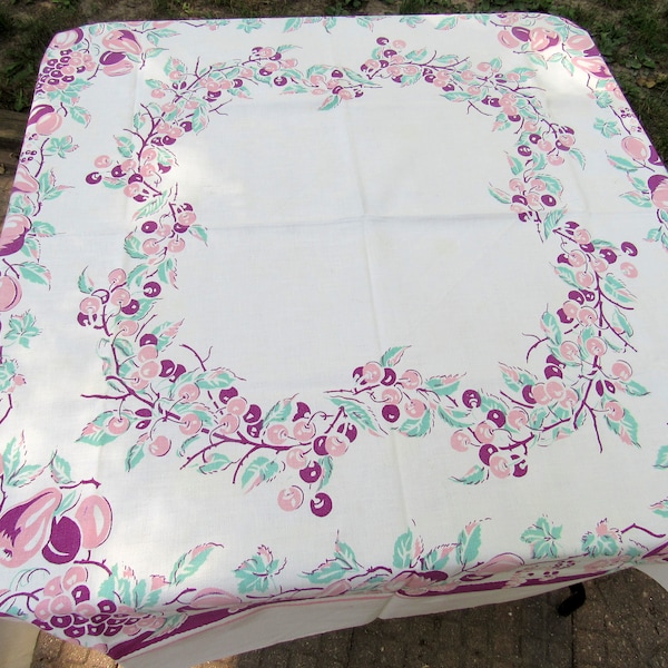 Cherries Plums Apples Pears, Grapes, Mother's Gift, 50s Fruit Print Tablecloth, Purple Pink Green, 52" x 45"