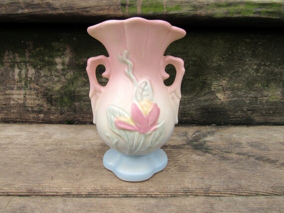 Hull Pottery Magnolia Vase: Pastel Pink Blue Yellow, Fan Shell, 4 3/4"