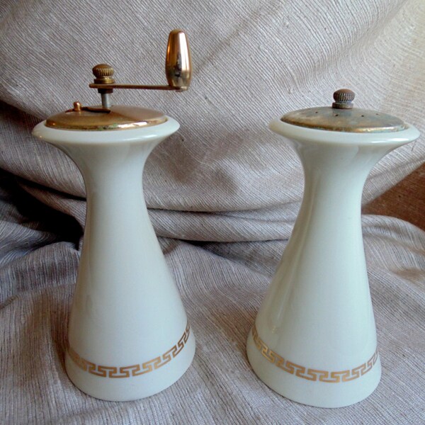 elegant LENOX Greek Key gilt decorated Pepper Mill and Salt Shaker Set 6 inches vintage 1960's