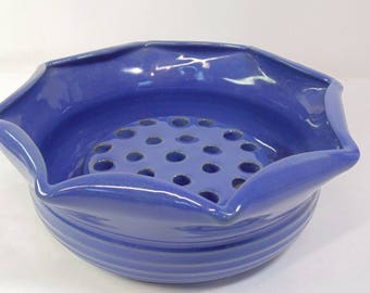 American Art Pottery Vase Bowl with Flower Frog, Blue Ruffled Rim Set