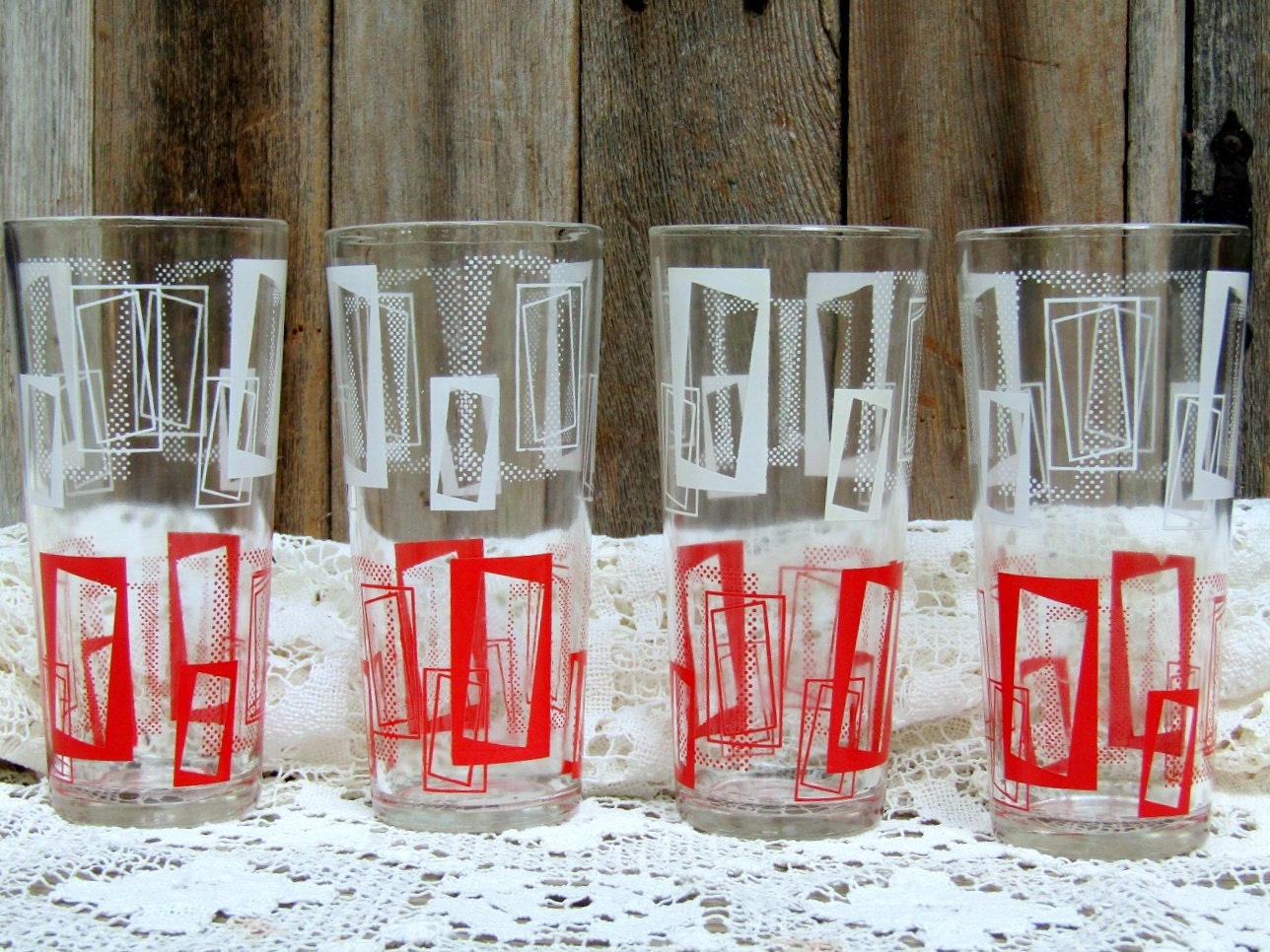 Red White Kitchen Drinking Glasses Vintage 50s 60s Tall 