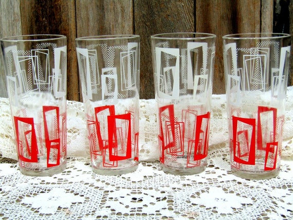 Red White Kitchen Drinking Glasses Vintage 50s 60s Tall 