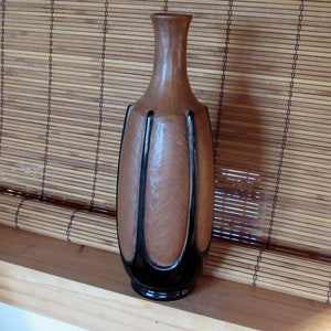 Signed Frankoma Pottery Vase, Glossy Black and Matte Brown Tall Budvase, Made in USA