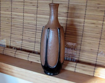 Signed Frankoma Pottery Vase, Glossy Black and Matte Brown Tall Budvase, Made in USA