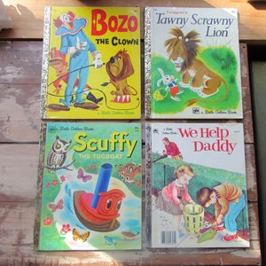 Little Golden Book Lot 1969 BOZO the Clown 1972 Tenggren&#39;s Tawny Scrawny Lion 1973 Scuffy the Tugboat, We Help Daddy Eloise Wilkin Pictures.