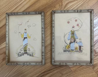 Set Of 2 Vintage 1930s Chinese Hand colored Prints - People Lotus Birds Brooklyn
