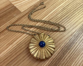 Vintage Estee Lauder 1970s Solid Empire Perfume Compact Necklace Blue Gold Rays