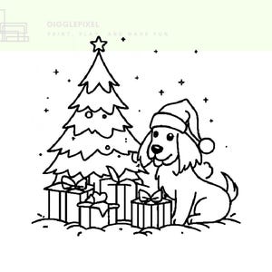 May include: Black and white line art illustration of a Christmas scene. A decorated Christmas tree stands next to a dog wearing a Santa hat. Several wrapped gifts are at the base of the tree. The text "GIGGLEPIXEL PRINT, PLAY, AND HAVE FUN" is at the top.