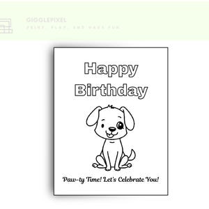 Cartão de aniversário personalizado para colorir – Cartão de aniversário de cachorrinho para imprimir para crianças colorirem – Download instantâneo em PDF