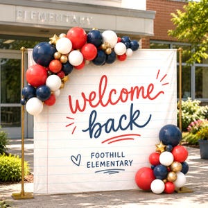 May include: A rectangular backdrop featuring a white lined paper design with the red and blue text "welcome back" and "FOOTHILL ELEMENTARY" with a heart icon. It is decorated with a balloon arch in red, white, blue, and gold metallic colors.