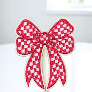Pink Gingham Bow Patch – Cute Embroidered Iron-On Ribbon Patch for Clothes, Bags, DIY Crafts