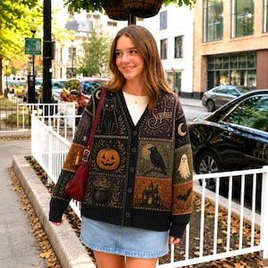 Personalized Halloween Cardigan, Custom Name Gothic Patchwork Knit Sweater with Black Cat, Pumpkin & Raven