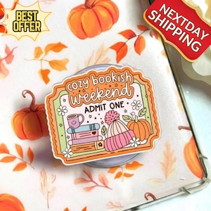 Cozy Bookish Phone Grip – Autumn Reading Design, Book Lover Phone Holder