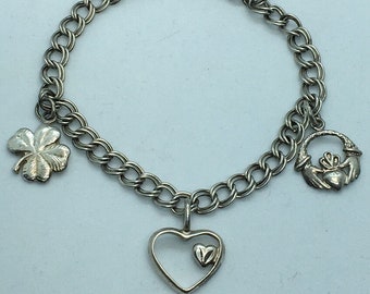 Vintage 925 Sterling Silver Bracelet w Charms Heart Leaf Made In Italy Jewelry