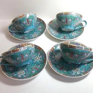 Vintage Stunning AQUA BLUE Hand Painted Flower Motif 4 Tea Cups & Saucers Japan