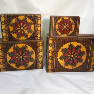 4 Vintage Handcrafted in Poland Trinket Jewelry NESTING Boxes Engraving
