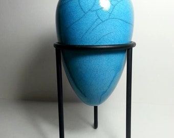 Vintage Original Ceramic Blue VASE ART HANDCRAFTED Pottery 9"H with Metal stand