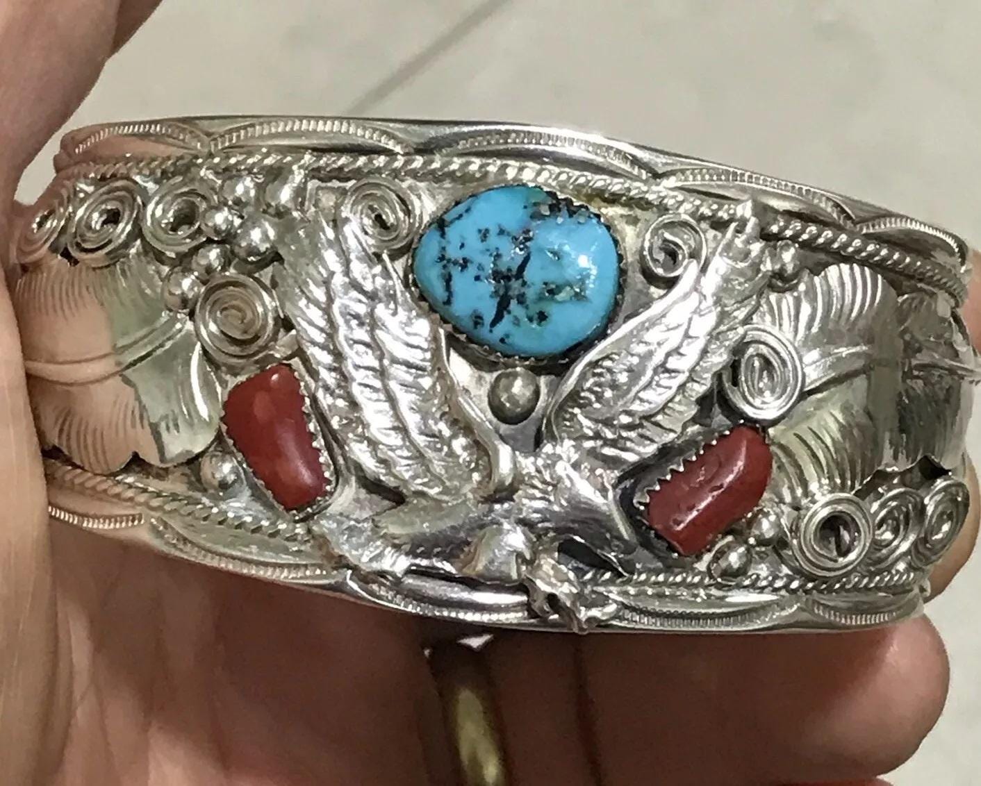 Important Len Johnson Vintage Native American Jewelry Navajo Sterling Silver Turquoise Coral Bracelet Important Len Johnson Vintage Native American Jewelry Navajo Sterling Silver Turquoise Coral Bracelet