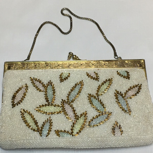 Vintage Clutch Handbag Beaded White Peach Green Top Closure Gold Metal Frame