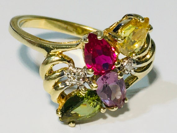 Vintage 10k solid yellow gold ring with red ruby … - image 2